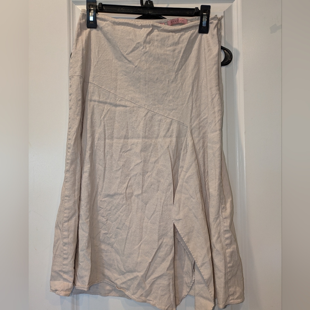 Bandolino Linen Blend Asymmetrical Midi Skirt Women Size 8 Beige Stretch Boho